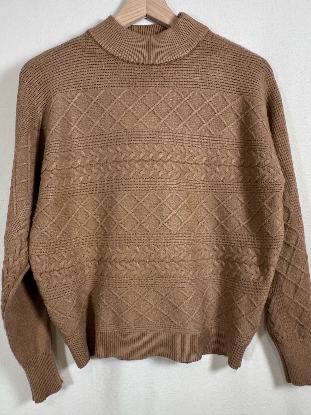 Magaschoni Camel Brown Textured Cable Diamond Turtleneck Relaxed Dolman Sleeves